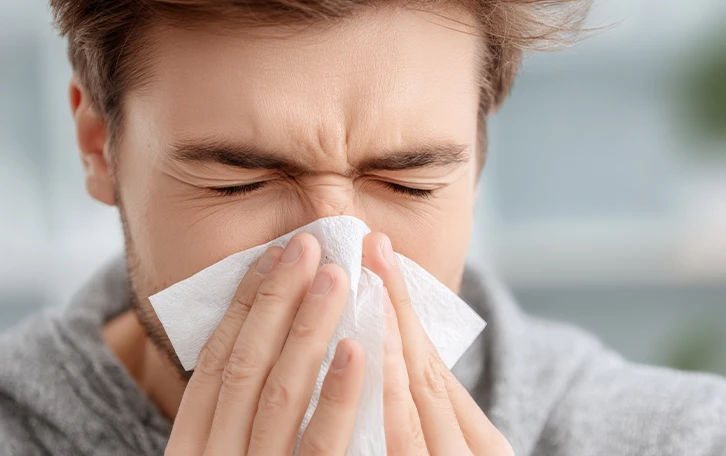 Eine männliche Person putzt sich die Nase