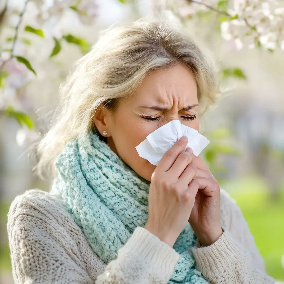 Eine weibliche Person unter einem Strauch putzt sich die Nase